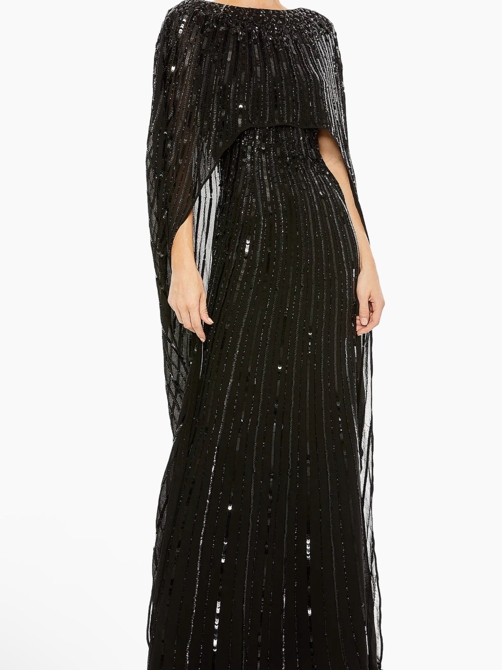 Mac Duggal Black Sequin Maxi Gown with Cape Overlay